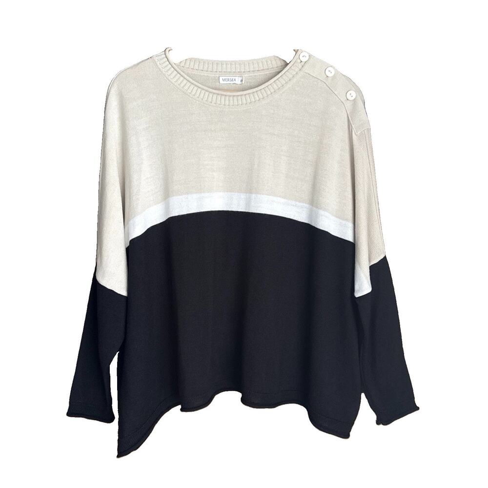 Mersea Catalina Colorblock Button Shoulder Sweater Top OS Oatmeal Black Ivory